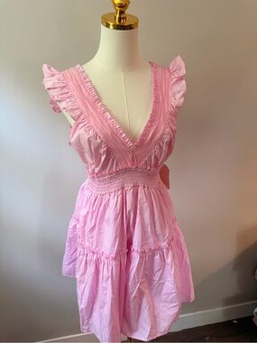Pink Ruffled V-Neck Smocked Waist Dress